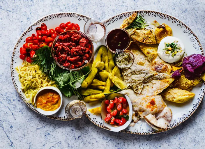 Prompt: dslr food photograph of mediterranean dinner spread, 8 5 mm f 1. 8