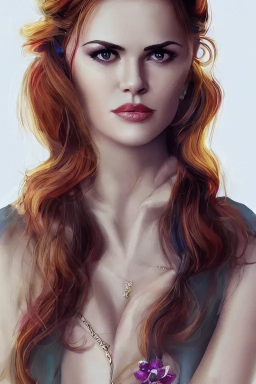 Image similar to mix of beautiful young maria shriver, mariel hemmingway, brooke shields, nicole kidman and elle macpherson as a snake girl with fangs, thin lips, hair tied up in a pony tail, dark blonde hair, colorful, artstation, cgsociety