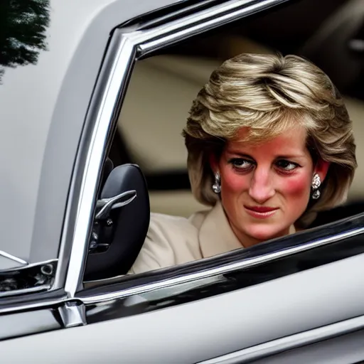 Image similar to award winning photograph of Princess Diana next to a silver Mercedes-Benz W140, Nikon D810, Sigma 35mm ƒ/2.5, award-winning, beautiful, photorealistic, detailed, portrait,