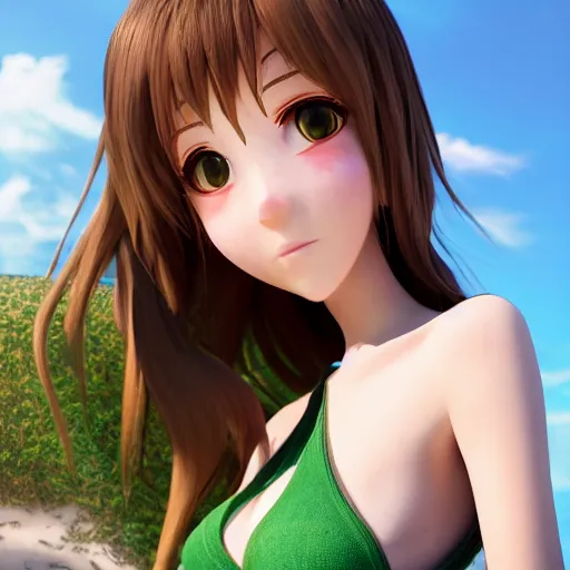 Prompt: Render of a cute 3d anime girl, long bronze brown hair, green eyes, cute freckles, full round face, soft smile, cute sundress, golden hour, serene beach setting, medium shot, mid-shot, hyperdetailed, trending on Artstation, Unreal Engine 4k