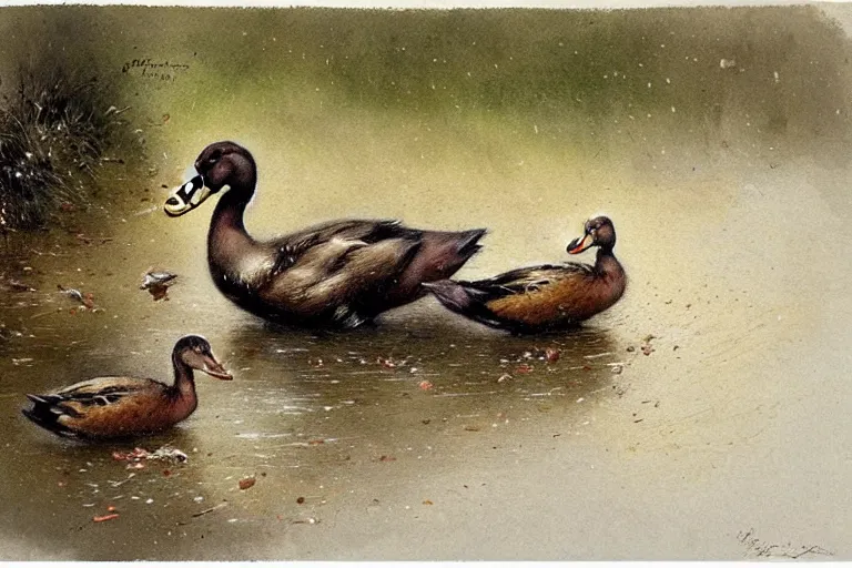 Prompt: ( ( ( ( ( ducks playing on wet road. muted colors. ) ) ) ) ) by jean - baptiste monge!!!!!!!!!!!!!!!!!!!!!!!!!!!