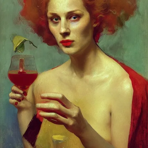 Image similar to portrait of a mysterious woman holding a martini, by Ilya Repin and Dave McKean