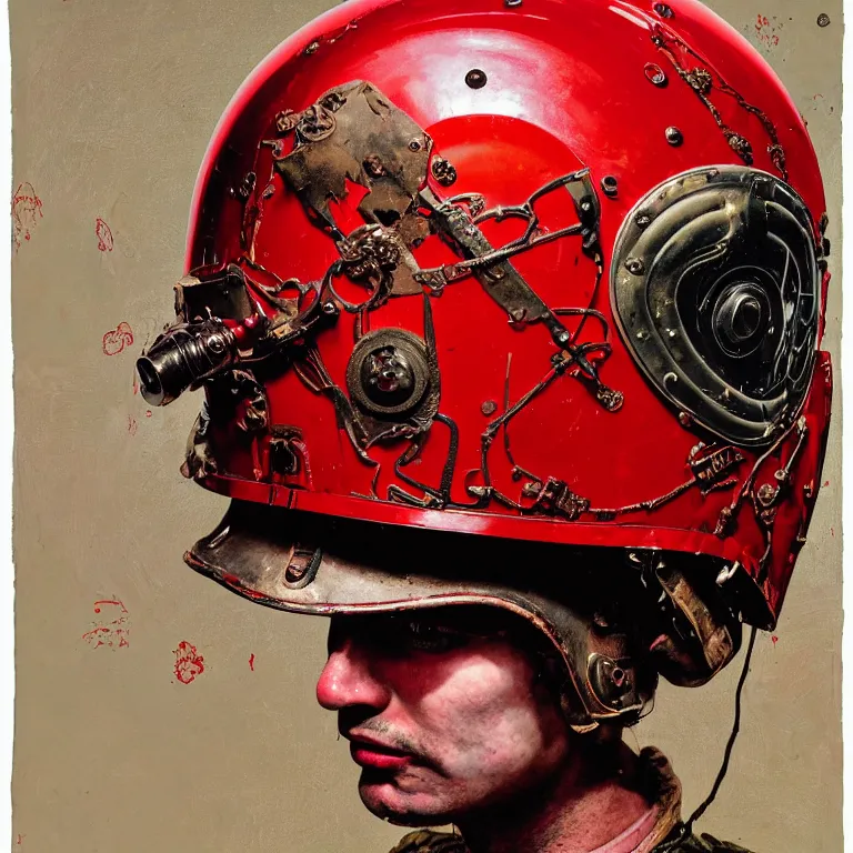 Image similar to portrait of a third reich soldier in ornate motorcycle dirt helmet in a helmet background red plastic bag, circuitboard,, rich deep colors, ultra detail, by francis bacon, james ginn, petra courtright, jenny saville, gerhard richter, zdzisaw beksinsk, takato yamamoto. masterpiece, elegant fashion studio ighting 3 5 mm