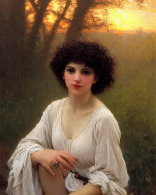 Prompt: beautiful glorious realistic oil painting of a girl, short black curly hair, bokeh, in the style of bouguereau, sunset, highly detailed and photorealistic, 8 k high detail and intricate