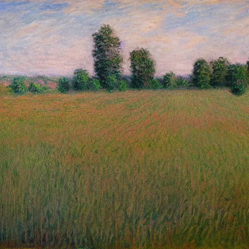 Image similar to a big tear in reality opens over a calm field in summer, award-winning, trending on artstation, oil on canvas, masterpiece, in the style of Claude Monet