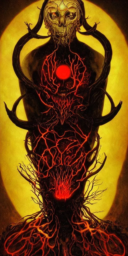 Image similar to intense glowing black metal pagan god with horns and veins and intense glowing eyes and a blood skull in very dark cosmic space by beksinski and alphonse mucha and karol bak and artgerm, portrait, fantasy, clear, light beams, lens flare, intense, uhd, amazing depth, cinematic lighting, shining gold and black and red