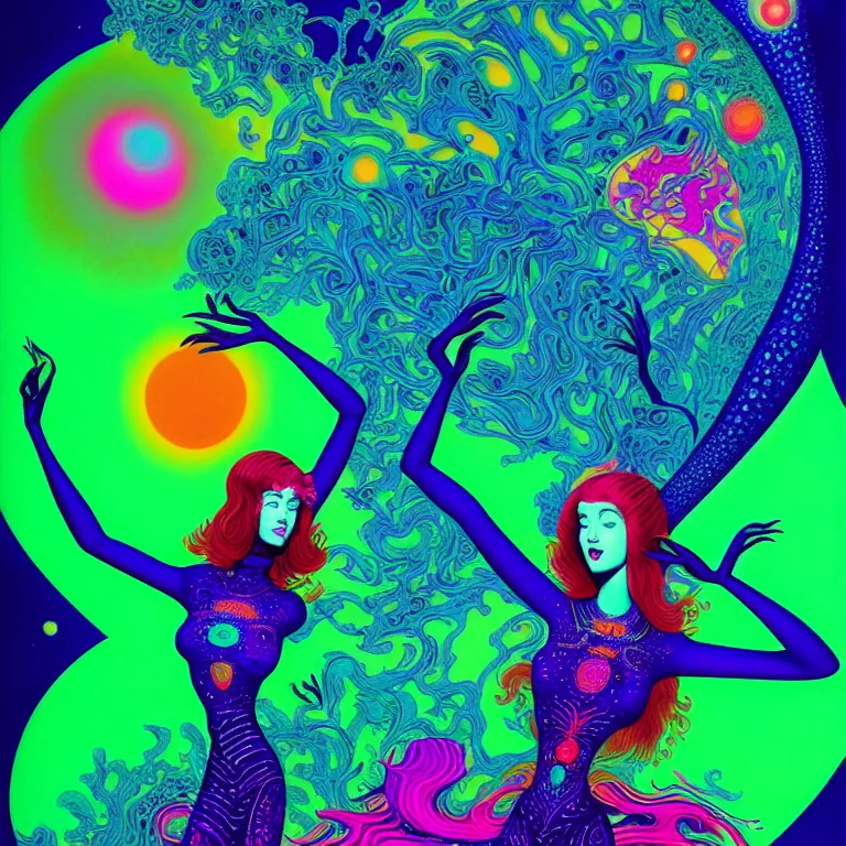 Prompt: cosmic girl, infinite fractal dimensions, bright neon colors, highly detailed, cinematic, eyvind earle, tim white, philippe druillet, roger dean, lisa frank, aubrey beardsley