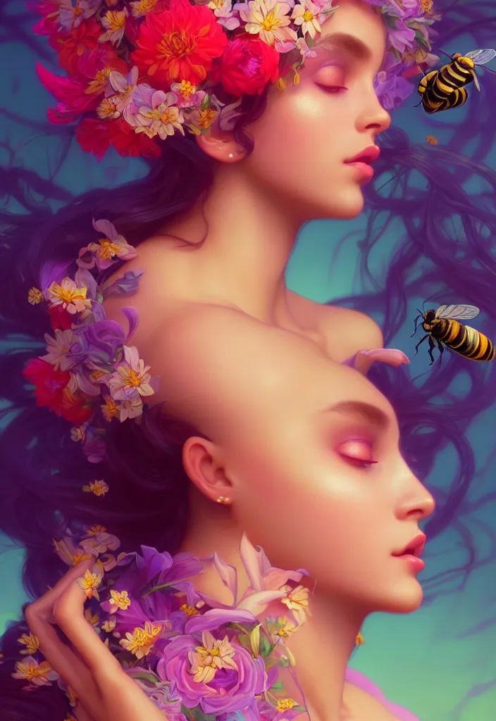 Prompt: young beautiful woman, gorgeous face, vaporwave aesthetic, synthwave, colorful, psychedelic, artstation, flowers, bees, full - body, gown, smooth, extremely sharp detail, finely tuned detail, 8 k, unreal engine 5, ultra sharp focus, illustration, art by artgerm and greg rutkowski and alphonse mucha