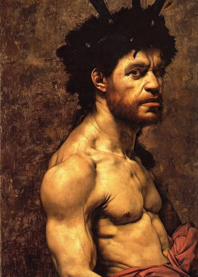Prompt: a portrait of a Hulk when he was 25 years old , with an armor and a crown,full body shot, oil painting in a renaissance style ,Rembrandt lighting scheme ,light dark, dark background , epic, very detailed, painted by Artemia Gentileschi , Caravaggio, Titian, Rembrandt.