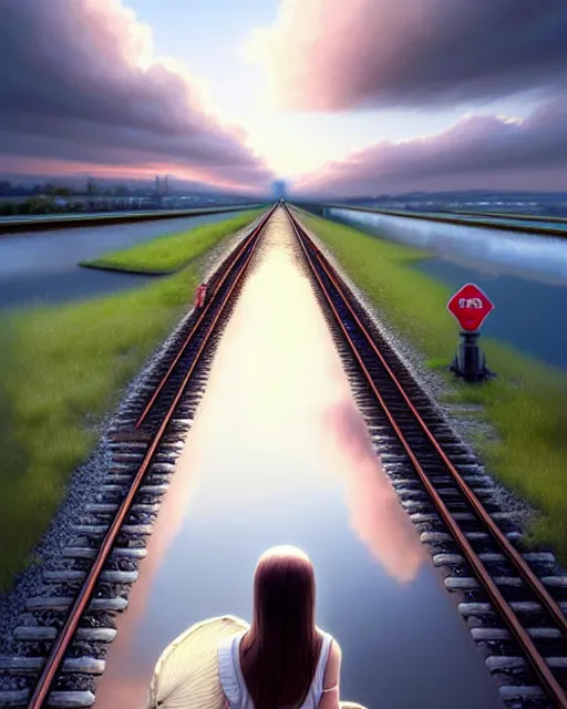 Image similar to shallow reflective water completely covers submerged train tracks as a girl carries her shoes, there is a train station in the distance and large white clouds on a wide horizon, intricate, elegant, highly detailed, digital photo, artstation, concept art, smooth, sharp focus, art by artgerm and greg rutkowski and fra angelico