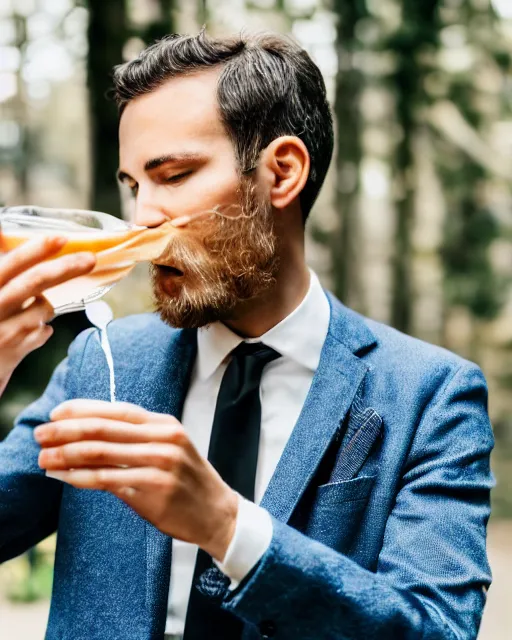 Image similar to photography of a fancy elegant gentleman eating a toast with blue liquid spread over it,