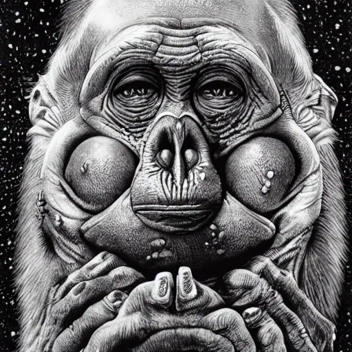 Prompt: measles on a deformed hideous pustule covered monkey, sores, bumps, skin wounds, surface hives, growths, horror, fantasy, highly detailed, by Dan Hillier