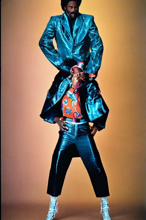 Image similar to funkiest grooviest man in the world, 70s disco jacket, photograph portrait