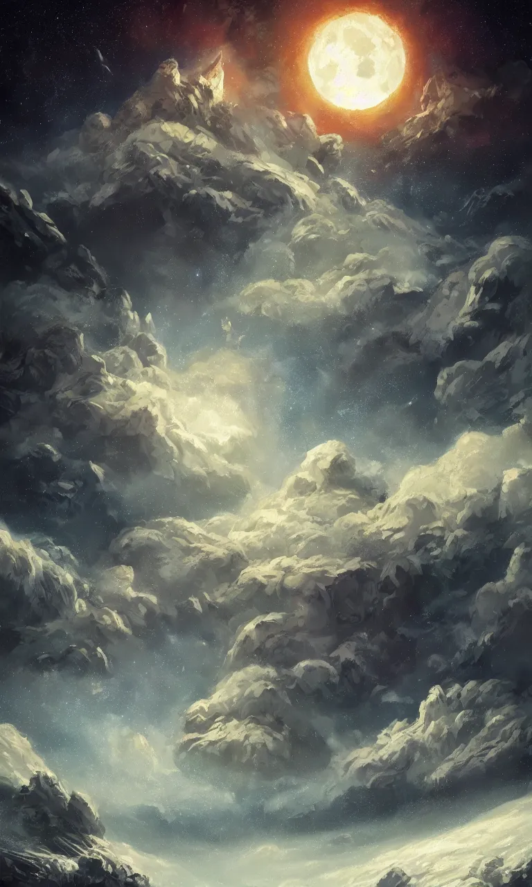 Prompt: a beautiful painting of ice age, starry sky, moon, cloud, by liam wong and yuumei and yanjun chen, trending on artstation