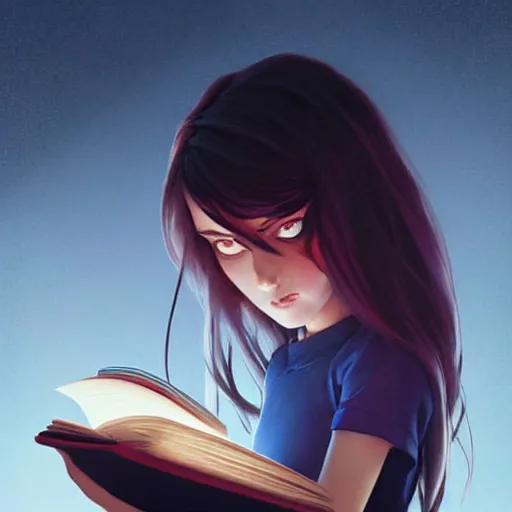 Image similar to a pixar girl reading a book, long hair flowing down, symmetrical, style of by Jordan Grimmer and greg rutkowski, crisp lines and color,