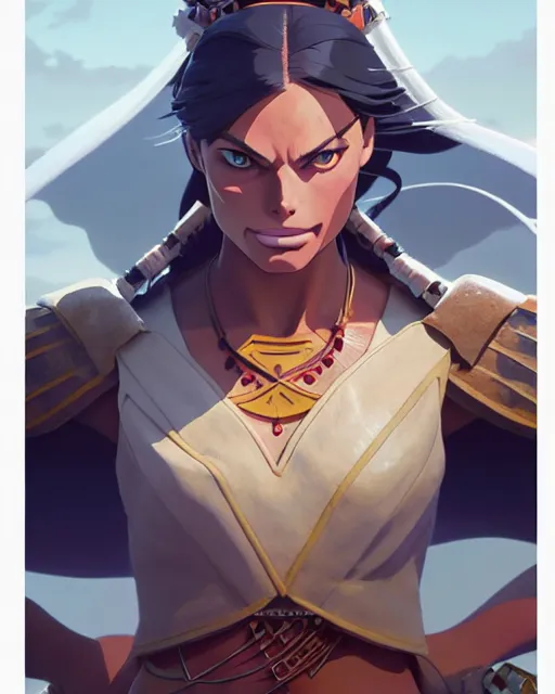 Image similar to azctec warrior, margot robbie, detailed perfect face, exquisite details, fire magic, mid view, design on a white background, by studio muti, greg rutkowski makoto shinkai takashi takeuchi studio ghibli