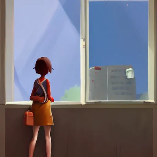 Image similar to goro fujita ilustration girl leaving home with suitcases, through the window you can see the city, warm light, painting by goro fujita, sharp focus, highly detailed, artstation