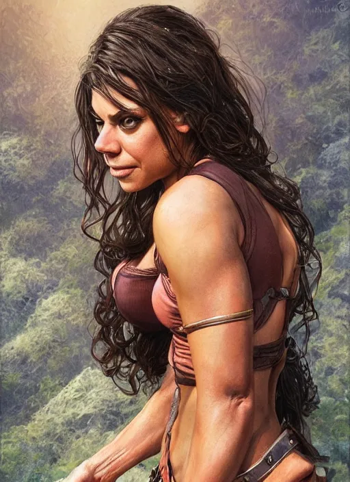 Image similar to muscled Mila Kunis grinning as a ruggedly handsome heroine, intricate, elegant, highly detailed, centered, artstation, concept art, smooth, sharp focus, illustration, bokeh art by artgerm and donato giancola and Joseph Christian Leyendecker, WLOP