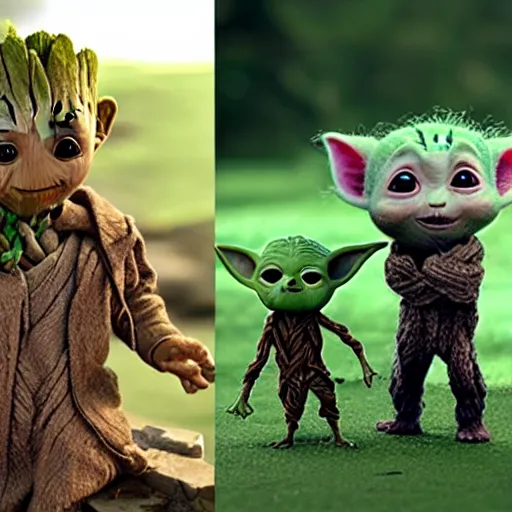 Prompt: baby groot and baby yoda