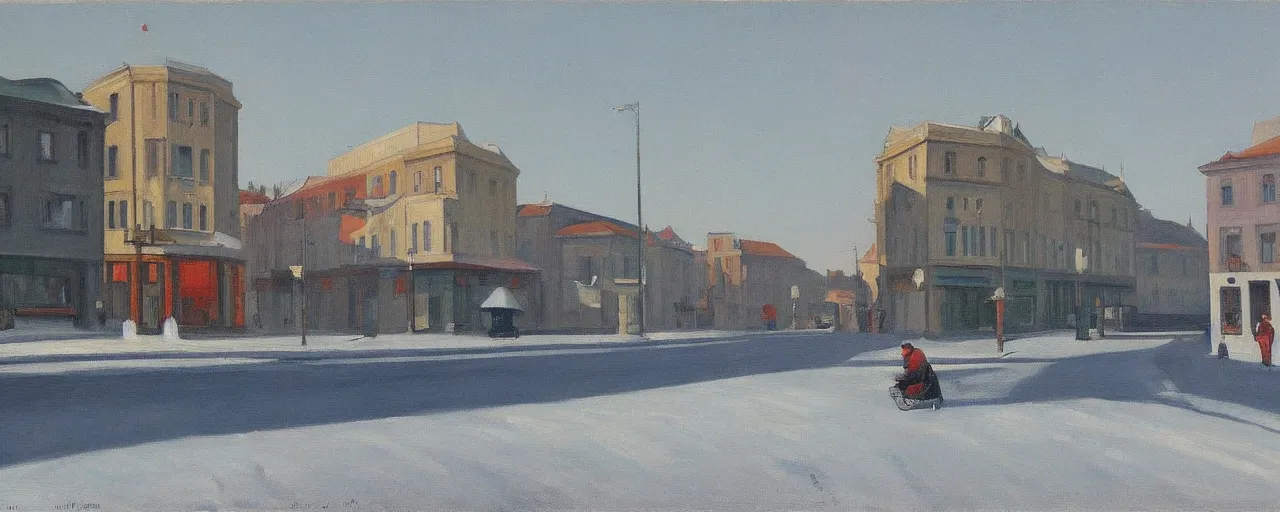 Prompt: an edward hopper style painting of a busy road of ( ( ( ( ( ( ( ( gyor ) ) ) ) ) ) ) ) in hungary, winter, january of 1 9 4 8