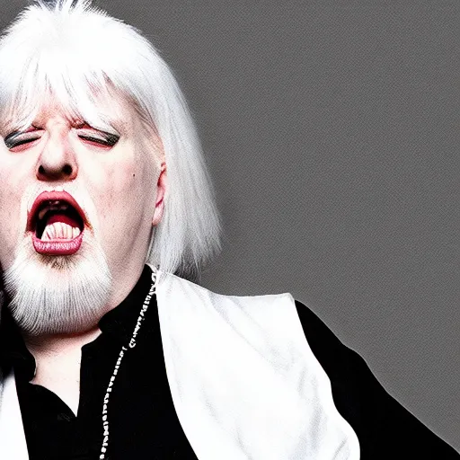 Image similar to obese Edgar Winter wearing a headset yelling at his monitor while playing WoW highly detailed wide angle lens 10:9 aspect ration award winning photography by David Lynch esoteric erasure head