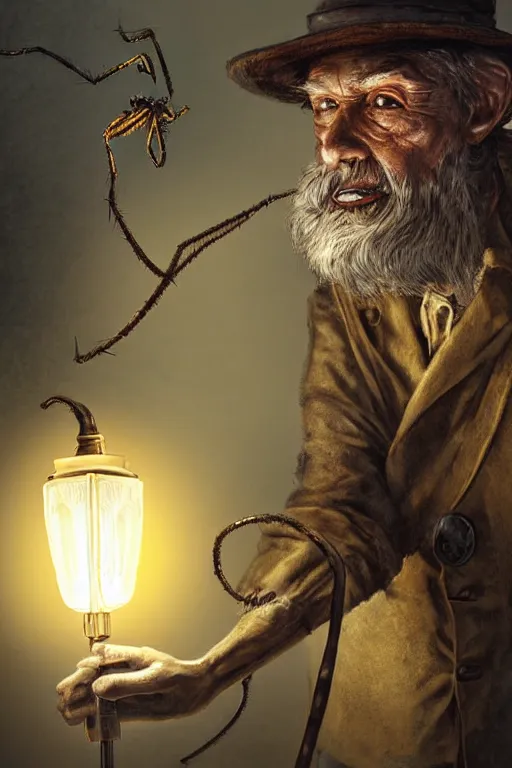 Image similar to a close - up view of an old - fashioned explorer facing the viewer and holding a lamp in front of him, with an enormous monstrous spider right behind, dramatic lighting, low angle, wide angle, creepy, horrific, realistic, fantasy art, highly detailed digital art