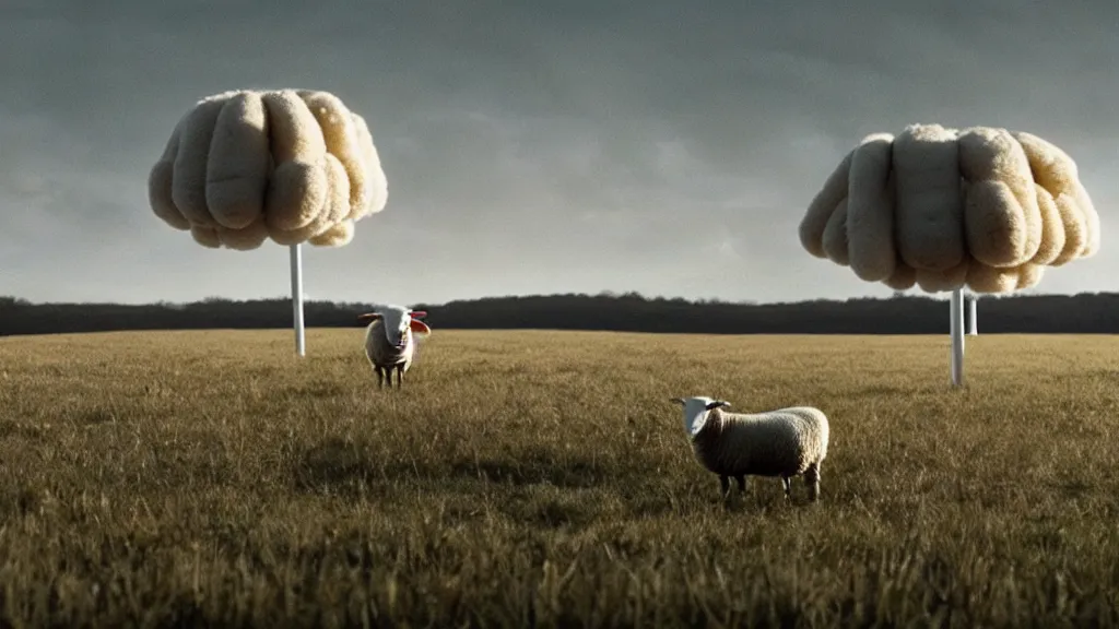 Image similar to sheep in a field being abducted by a ufo!, film still from the movie directed by directed by denis villeneuve