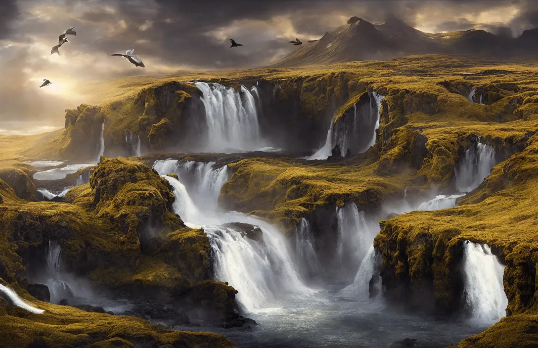 Prompt: a huge arc far away in a hyperreal mattepainting icelandic landscape, detailed dreamscape, hyperreal phantastic, intricate details in environment, golden ratio, high aestehtic, waterfall cascades, cinematic light dramatic light, lightrays, flying birds in distance, trending on artstation