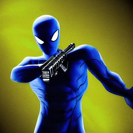 Image similar to blue spiderman with a machine gun fighting aliens