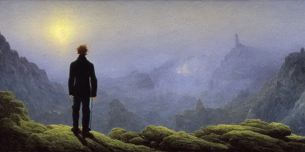 Image similar to small male figure in epic foggy mountainscape, expansive view, dozens of thin glowing straight lines extend from ground into the sky, by Caspar David friedrich