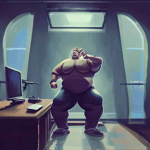 Image similar to a insanely detailed painting of a slightly overweight man wearing a homemade superhero costumed, sitting at a computer desk, nervously and clicking on the mouse, in the style of peter mohrbacher, dramatic lighting and composition, trending on artstation, concept art, comic book