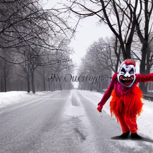 Prompt: scary clown stands in the street in winter, high quality, digital art, 8K, HD, photorealistic, realistic,