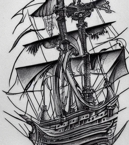 Image similar to White paper tattoo design of a magical pirate ship, realism tattoo design, highly detailed tattoo, shaded tattoo, hyper realistic tattoo