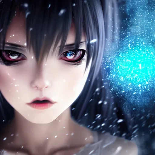 Prompt: photorealistic full body shot of masterpiece angry darkness anime girl, beautifull manga lovely eyes, electric aura with particles, snowing frozen ice, darkness background, detailed, unreal engine 4 k, volumetric light, fog