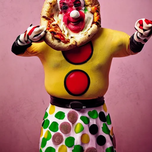 Image similar to clown dressed up as a pizza, clowcore, michelin star food, clowncore funhouse, photo by annie leibowitz