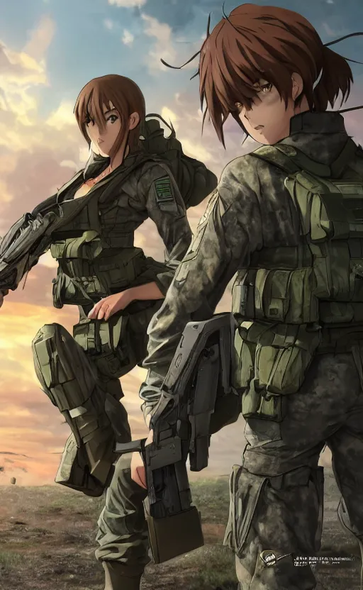 Prompt: brown hair girl, trading card front, future soldier clothing, future combat gear, realistic anatomy, concept art, professional, by ufotable anime studio, green screen, volumetric lights, stunning, military camp in the background, metal hard surfaces, focus on generate the face, tanny skin, strafing a10 warthog