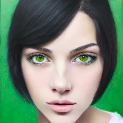 Prompt: a ultra - detailed realistic portrait of a young black haired woman with green eyes standing in front of a white wall, hyper realism, highly detailed, art, 8 k