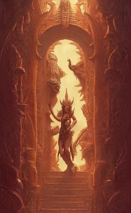 Prompt: crocodile godess in temple entrance, reptilian skin, d & d, fantasy, intricate, elegant, highly detailed, digital painting, artstation, concept art, matte, sharp focus, illustration, art by artgerm and greg rutkowski and alphonse mucha