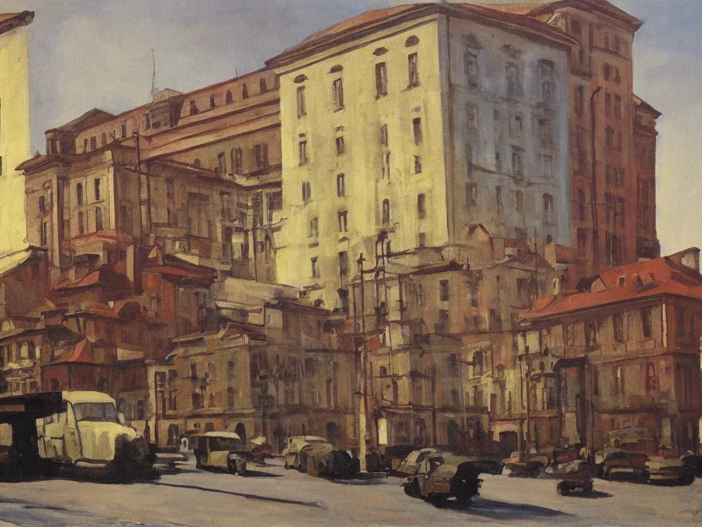 Image similar to headquarters of transylvanian software company in communist times. painting by hopper