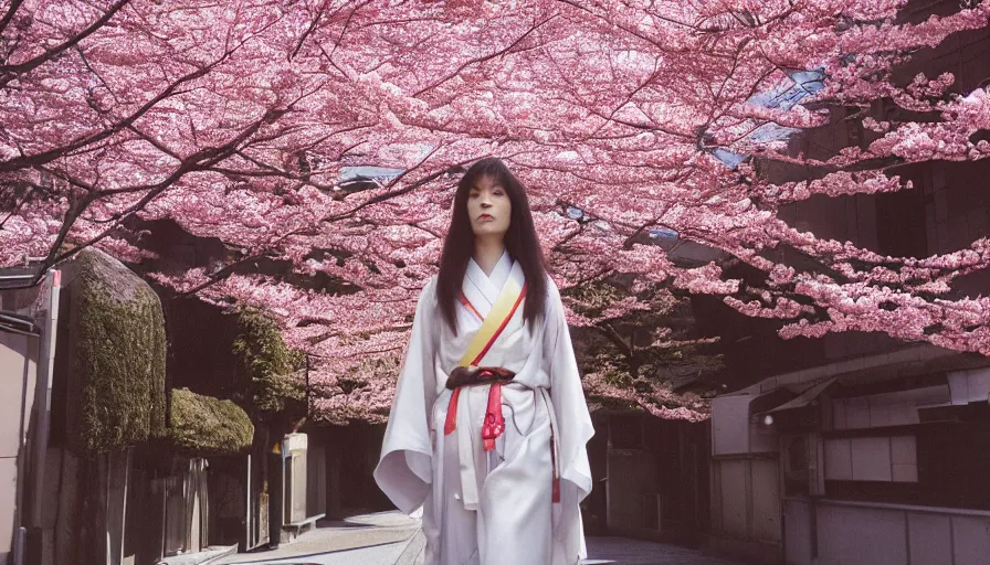 Prompt: movie still by alejandro jodorowsky of a beautiful day in kyoto japan, a girl wearing a gucci kimono is walking down the street, cherry blossoms and a waterfall, cinestill 8 0 0 t eastmancolor technicolor, high quality, very detailed, heavy grain, fine facial features, 8 k, octane render