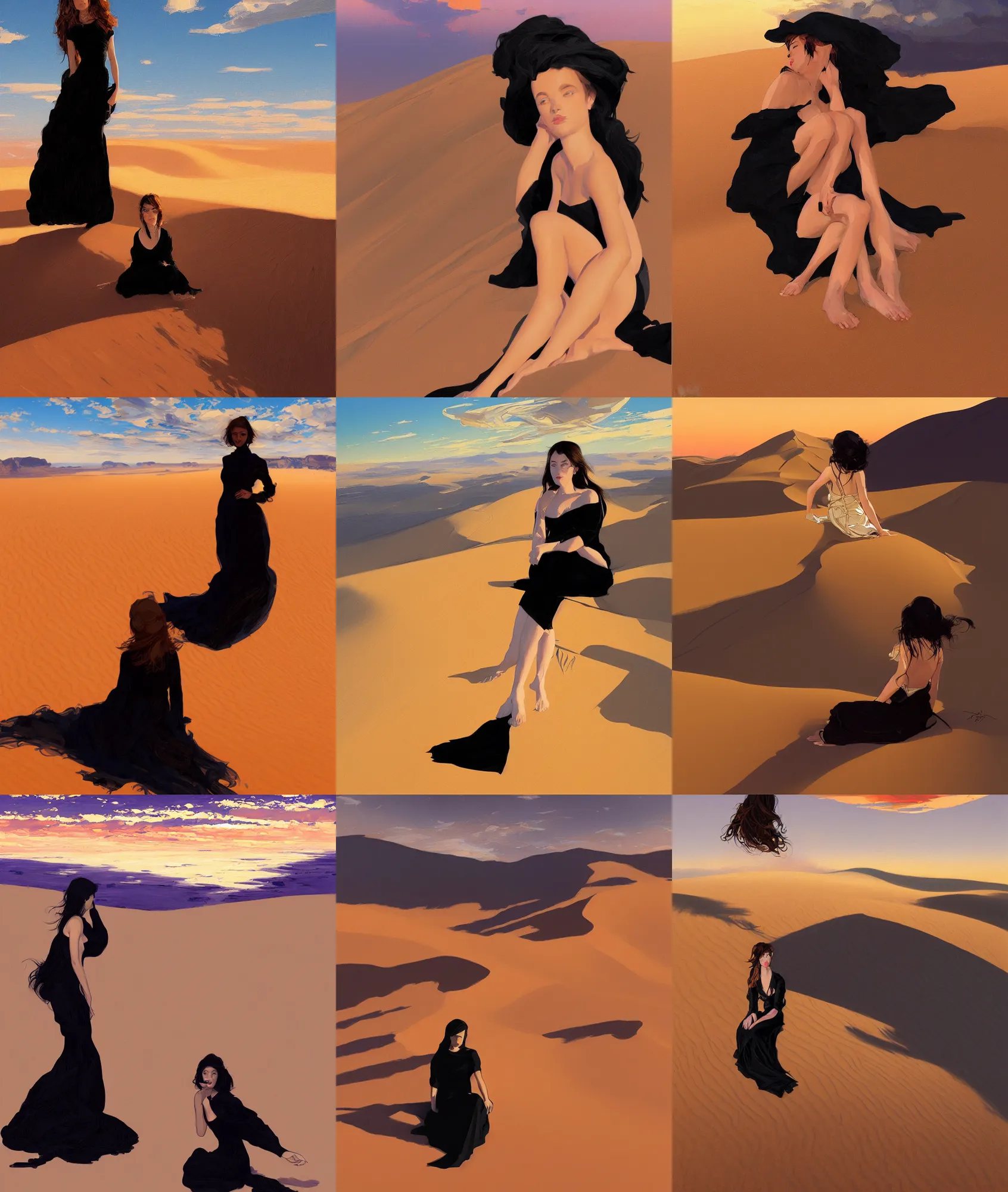 Prompt: sitting girl in black dress between clouds above sahara desert dunes in sunset light, portrait, elegant, intricate, digital painting, artstation, concept art, smooth, sharp focus, illustration, alphred joseph casson and Daniel F. Gerhartz and walter everett and gustav klimt