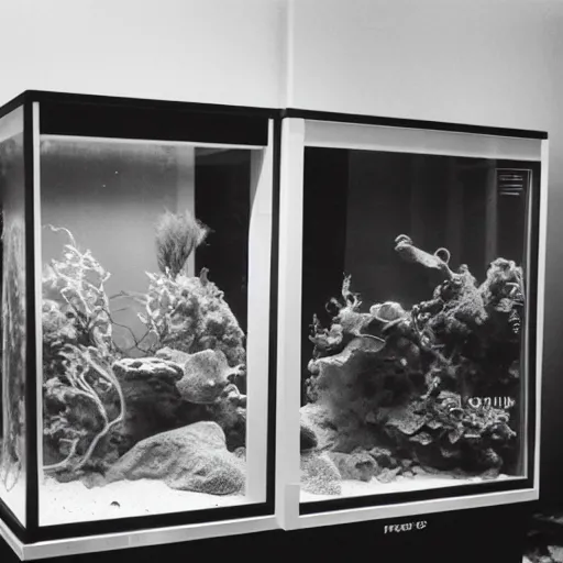 Prompt: spooky creepy liminal space, display case, aquatic exhibition science museum, dusty aquarium, computer screens, photo taken on fujifilm superia