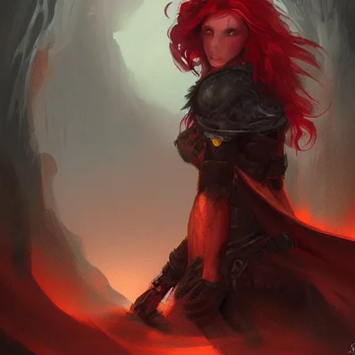 Prompt: a woman with red hair in a dark cave, concept art by Magali Villeneuve, deviantart contest winner, fantasy art, concept art, dark and mysterious, d&d