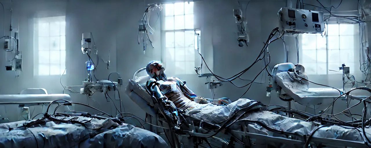 Prompt: an intricate concept art of a man in the hospital waking up in the future, experimental human robot, electronic wires connected to his body concept art, matte painting, style by dylan cole and tyler edlin art, hyper realistic, sci - fi, environment design, low - angle, unreal engine, epic lighting,