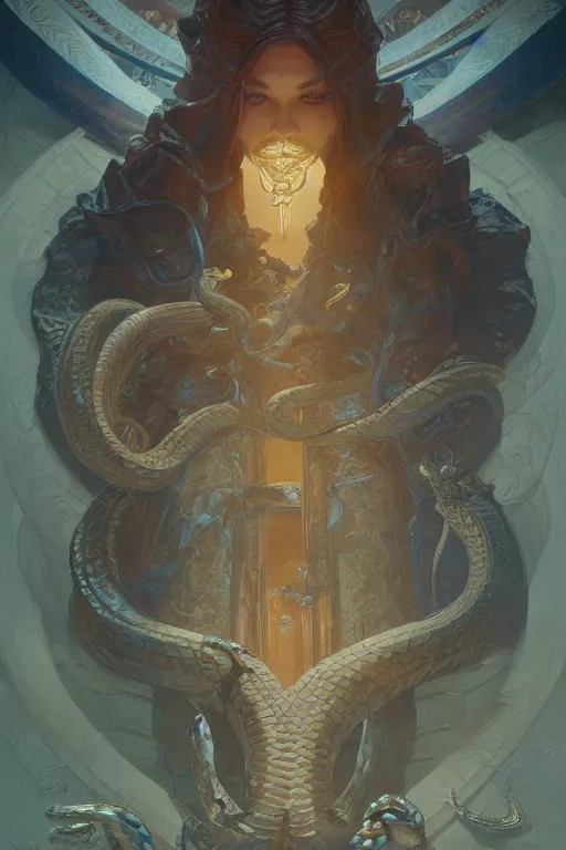 Image similar to snake king, treasure room, highly detailed, digital painting, artstation, concept art, smooth, sharp focus, illustration, art by artgerm and greg rutkowski and alphonse mucha and andrei riabovitchev