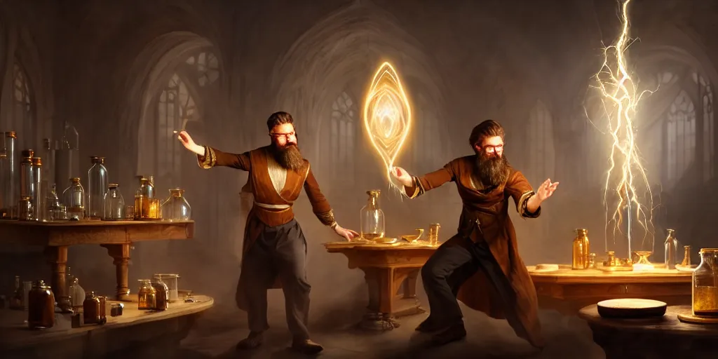 Image similar to a handsome bearded caucasian male sorcerer with brown hair he is casting a spell with flowing energy, he is in a alchemist lab filled with beakers and equipment, neutral pose, epic composition, 4 k, light rays, by dave melvin 3. 0 | dan luvisi 1. 0 | greg rutkowski 2. 5