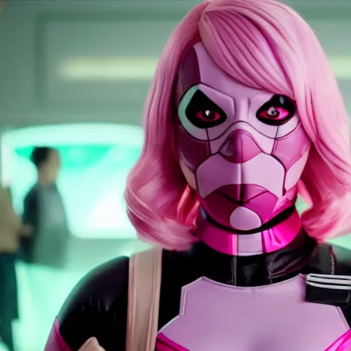 Prompt: A still of Gwenpool in Deadpool 3 (2023), blonde hair with pink highlights, no mask, light-pink costume