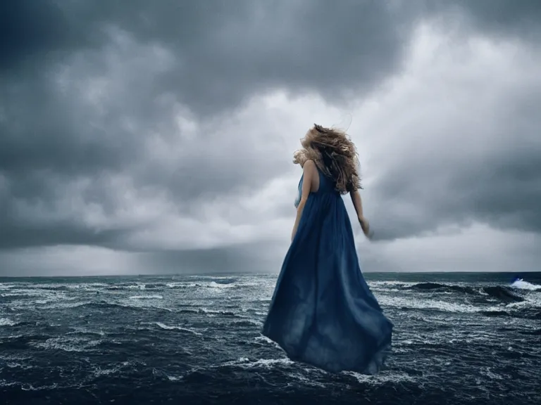 Prompt: cinestill 5 0 d photography of a woman britt marling 3 / 4 style of nicholas fols, 2 0 0 mm, dress in voile, hair like dark clouds floating on air, mute dramatic colours, soft blur outdoor stormy sea background, volumetric lighting, hyperdetailed, hyperrealistic