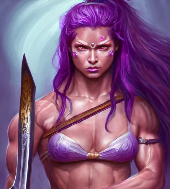 Image similar to muscular female warrior holding katana hilt, perfect face, diadem, detailed neon tattoos, halter top, purple flowing hair, abs, cinematic, blush, stunning, athletic, strong, agile, highly detailed, psychedelic, digital painting, artstation, smooth, hard focus, rim lighting, back lighting, illustration, art by jessica rossier and and brian froud