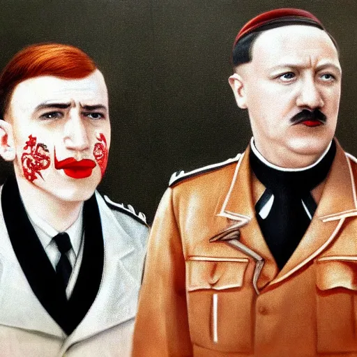 Image similar to UHD photorealistic detailed image of young Nazi Klaus Schwab and Hitler, both wearing extremely intricate clown costumes and detailed, intricate makeup by Ayami Kojima, Amano, Karol Bak, tonalism